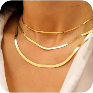 Herringbone Gold Necklace for Women Non Tarnish 14k Gold Plated Layered Necklaces Simple Dainty Gold Chain Thin Trendy Choker Snake Necklace Gold Jewelry for Women Gift14 /16/ 18inch