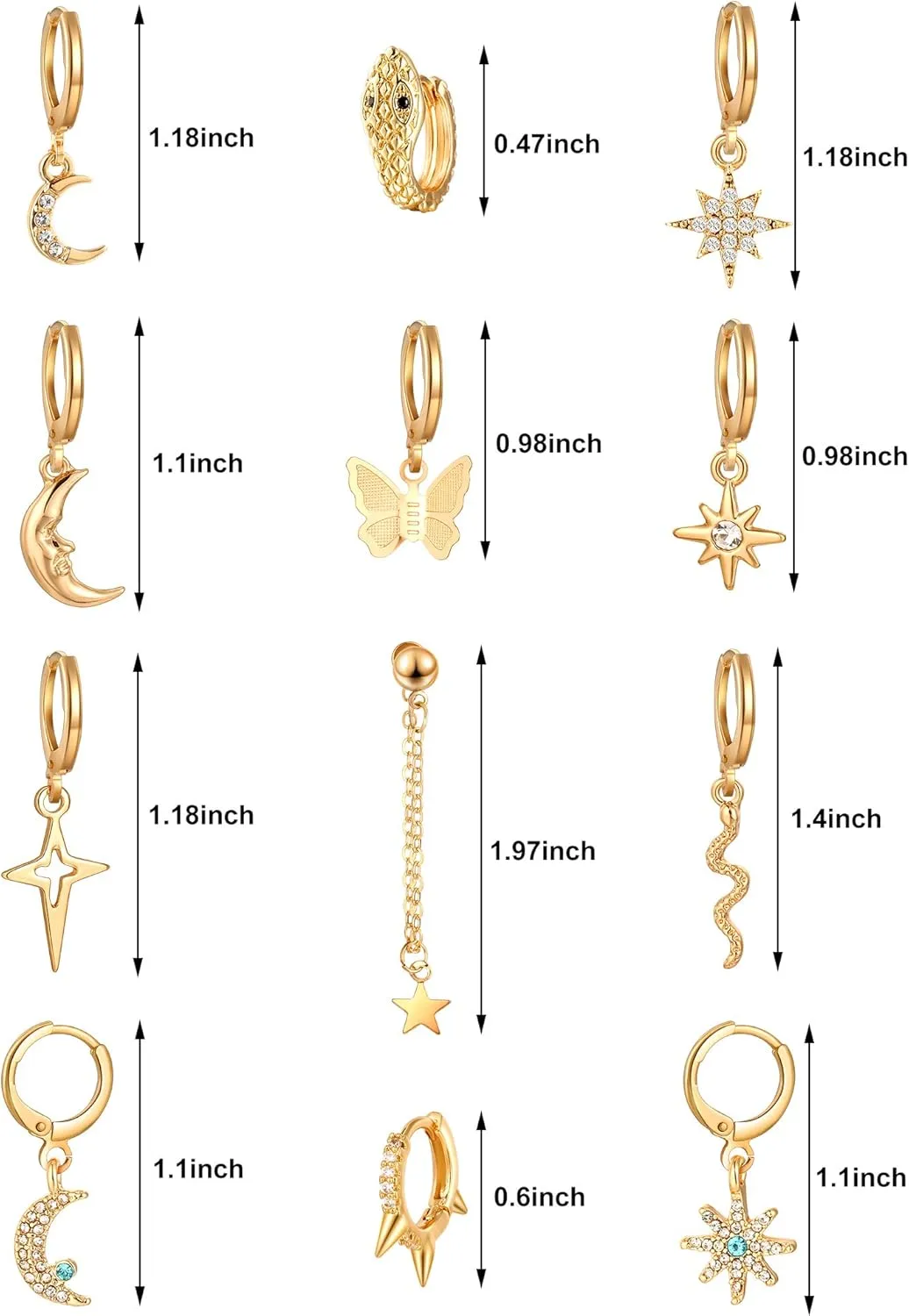 Hicarer 12 Pairs Dangle Hoop Earrings Aesthetic Huggie Earrings with Charms Small Drop Pendant Hoop Jewelry for Women