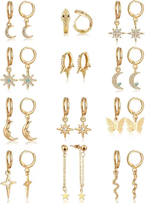 Hicarer 12 Pairs Dangle Hoop Earrings Aesthetic Huggie Earrings with Charms Small Drop Pendant Hoop Jewelry for Women