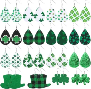 Hicarer 16 Pairs St. Patrick's Day Earrings for Women Girls Irish Shamrock Teardrop Green Hat Faux Leather Earrings for Irish Festival Gift St. Patrick's Day Accessories
