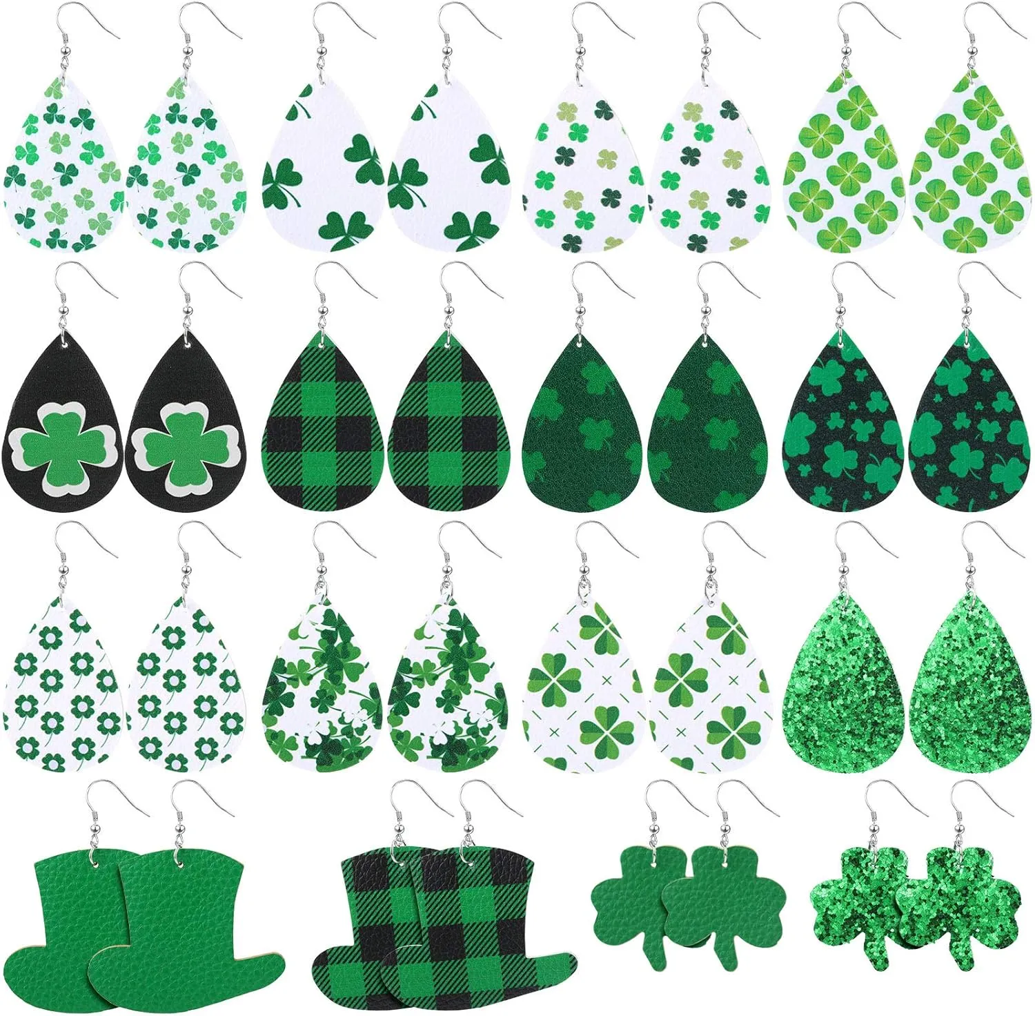 Hicarer 16 Pairs St. Patrick's Day Earrings for Women Girls Irish Shamrock Teardrop Green Hat Faux Leather Earrings for Irish Festival Gift St. Patrick's Day Accessories