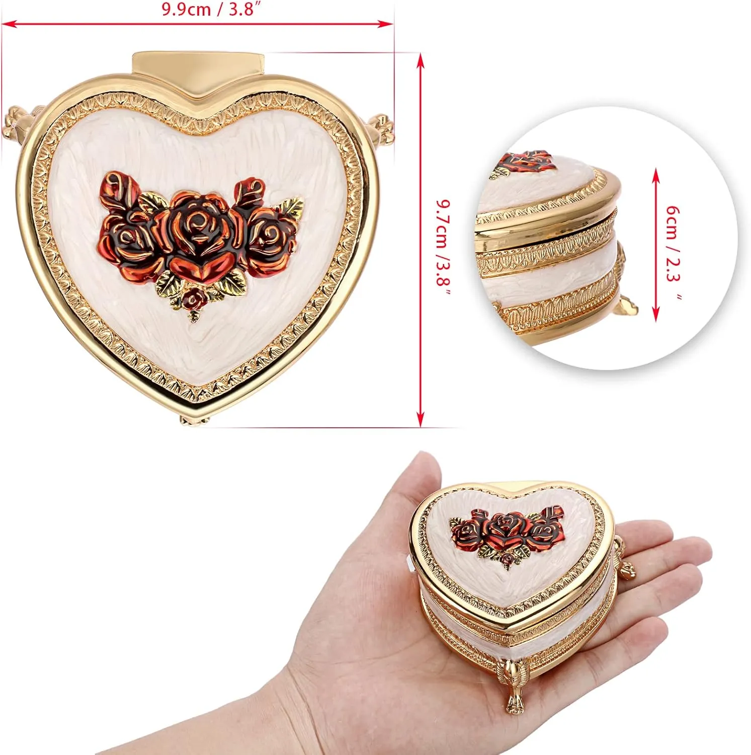 Hipiwe Vintage Metal Jewelry Box Heart Shape Trinket Box with Flower Carved Gold Treasure Chest Case Antique Necklace Ring Organizer Storage Box Keepsake Box Christmas Gift Red