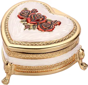 Hipiwe Vintage Metal Jewelry Box Heart Shape Trinket Box with Flower Carved Gold Treasure Chest Case Antique Necklace Ring Organizer Storage Box Keepsake Box Christmas Gift Red