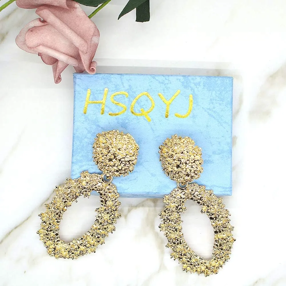 Hollow Geometric Large Square Dangle Earrings Metal Statement Drop Earrings Punk Bohemian Raised Textured Design Big Hoop Earrings for Women Fashion Jewelry