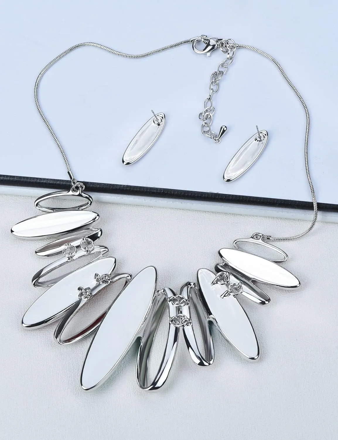 Hollow Out Oval Ring Bib Statement Necklaces and Earrings Jewelry Sets for Women Bridal Dinner Party Wedding Jewelry