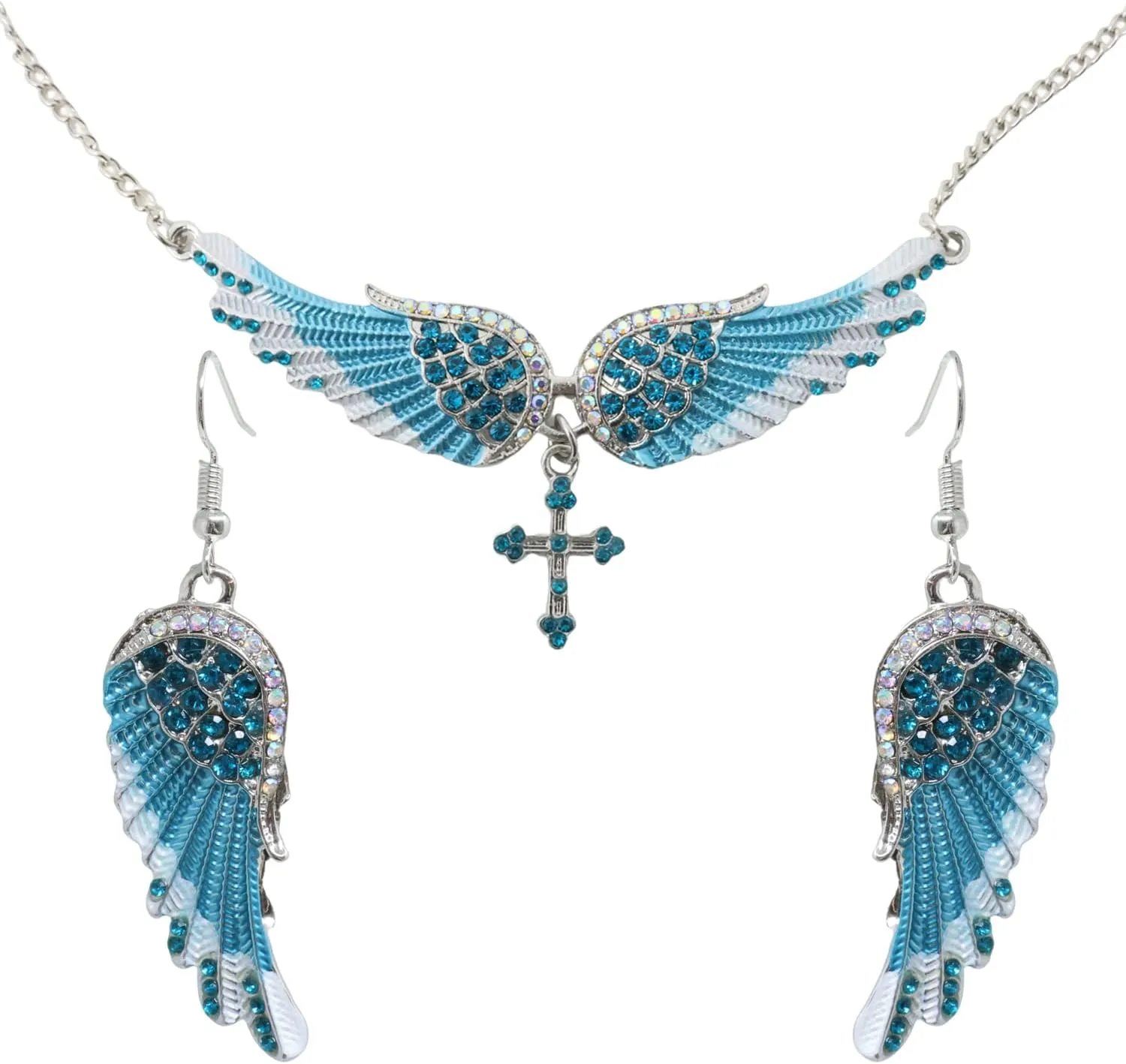 Honbay Angel Wing Jewelry Set, 1PCS Crystal Angel Wings Cross Necklaces and 1Pair of Rhinestone Angel Wing Dangle Earrings for Women Jewelry