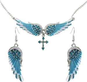 Honbay Angel Wing Jewelry Set, 1PCS Crystal Angel Wings Cross Necklaces and 1Pair of Rhinestone Angel Wing Dangle Earrings for Women Jewelry