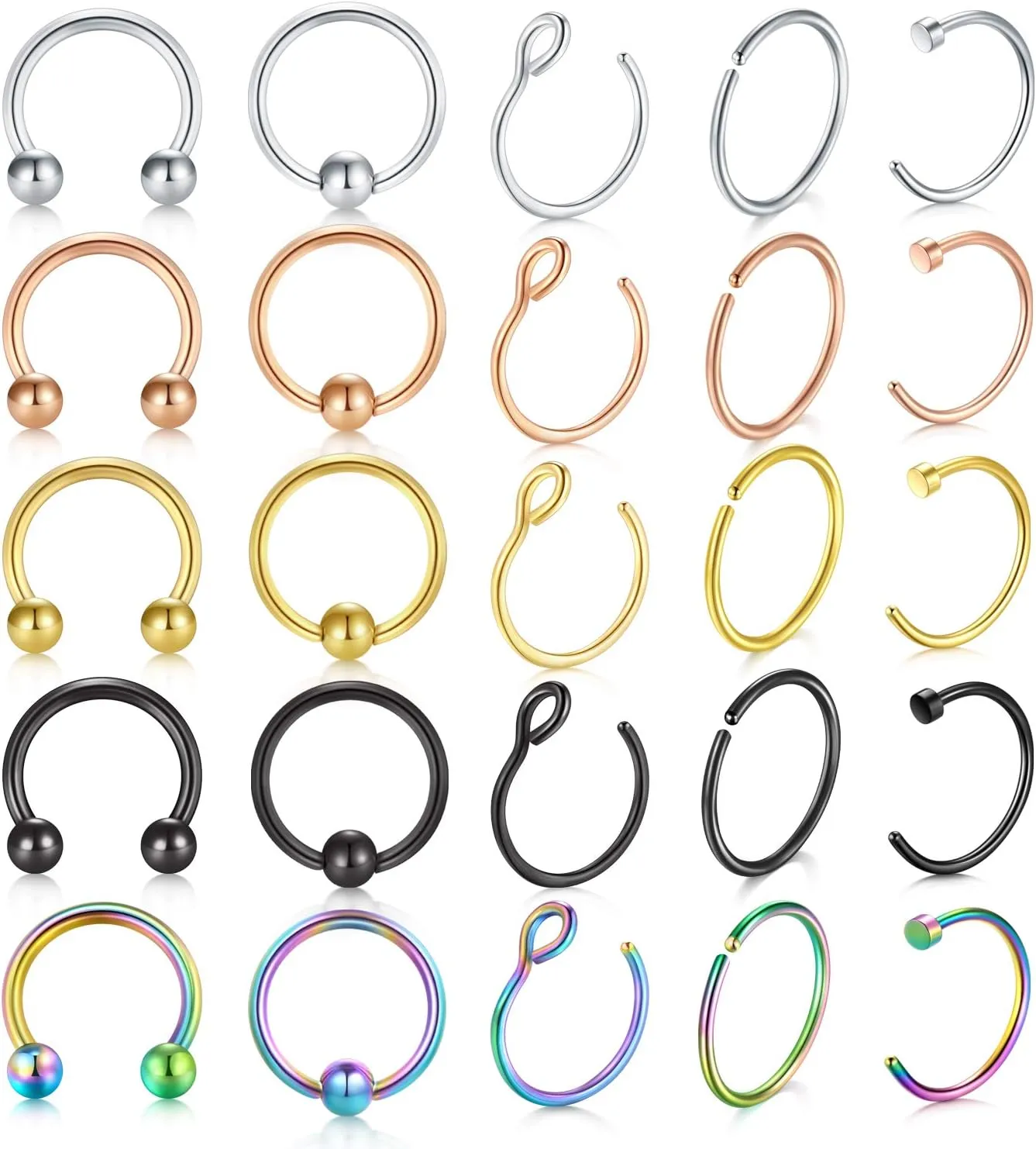Incaton 16 Pcs Nose Rings Hoop 20 Gauge Fake Septum 8mm Nose Hoop Ring Piercings Jewelry for Women Men