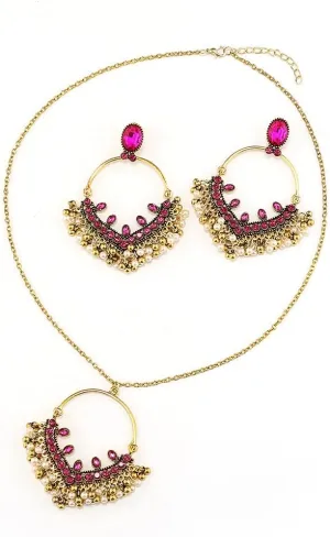 Indian Vintage Gold Metal Rose Color Crystal Geometric Necklaces Earrings Jewelry Sets for Women Bridal Afghan Wedding Party Jewelry Sets Birthday Gift (A)