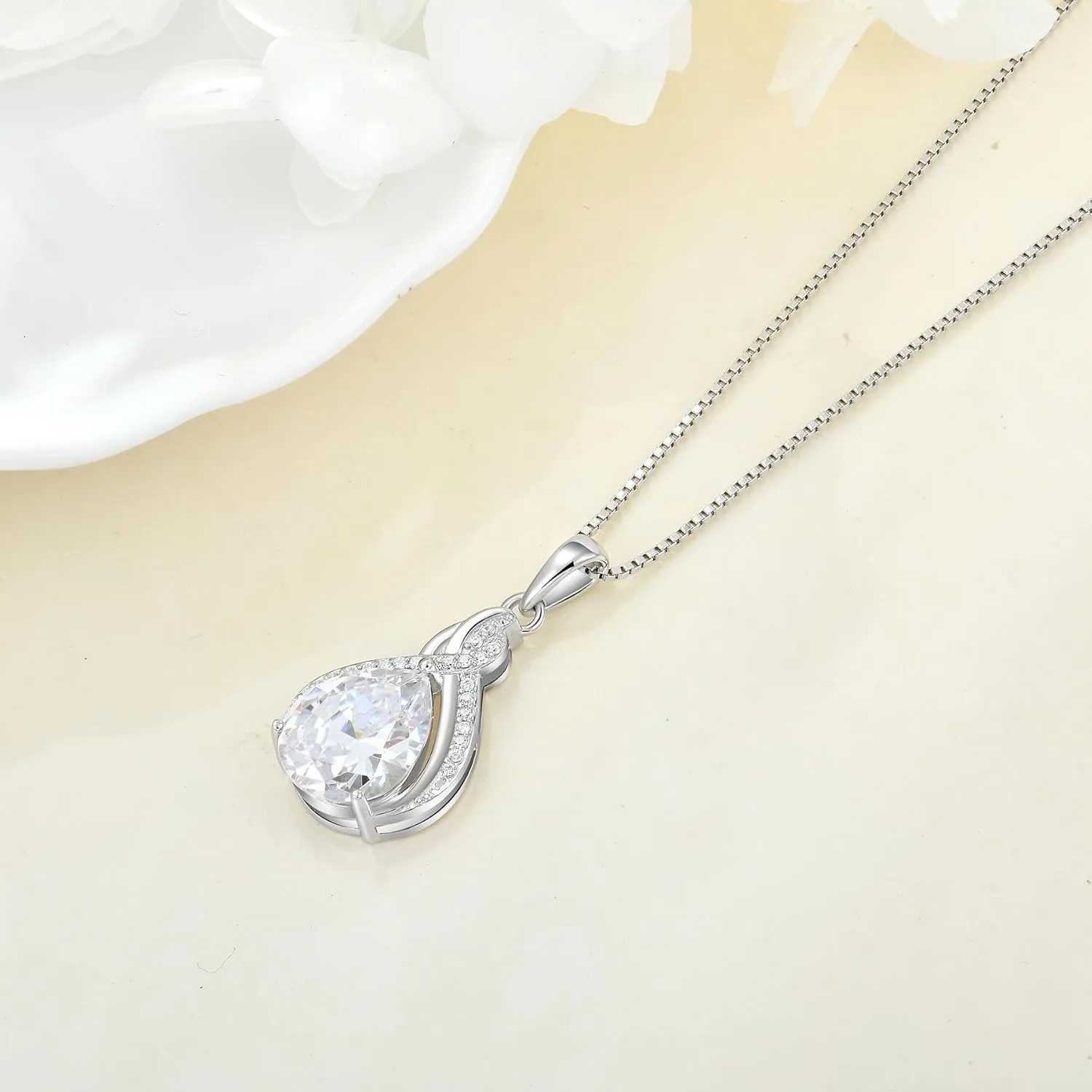 Infinity Teardrop Necklace 925 Sterling Silver Pear Shaped Pendant Birthstone Jewelry Gifts for Women