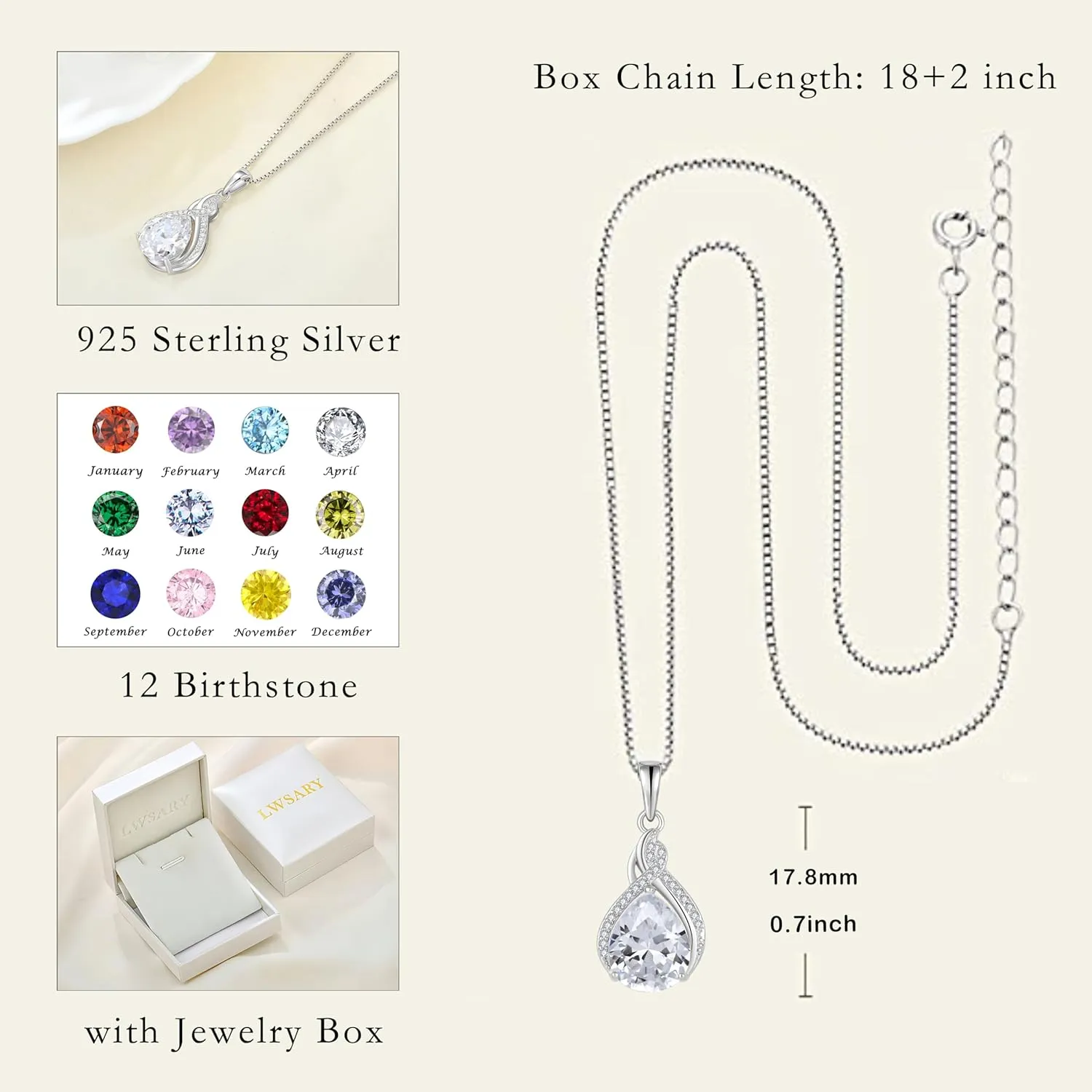 Infinity Teardrop Necklace 925 Sterling Silver Pear Shaped Pendant Birthstone Jewelry Gifts for Women