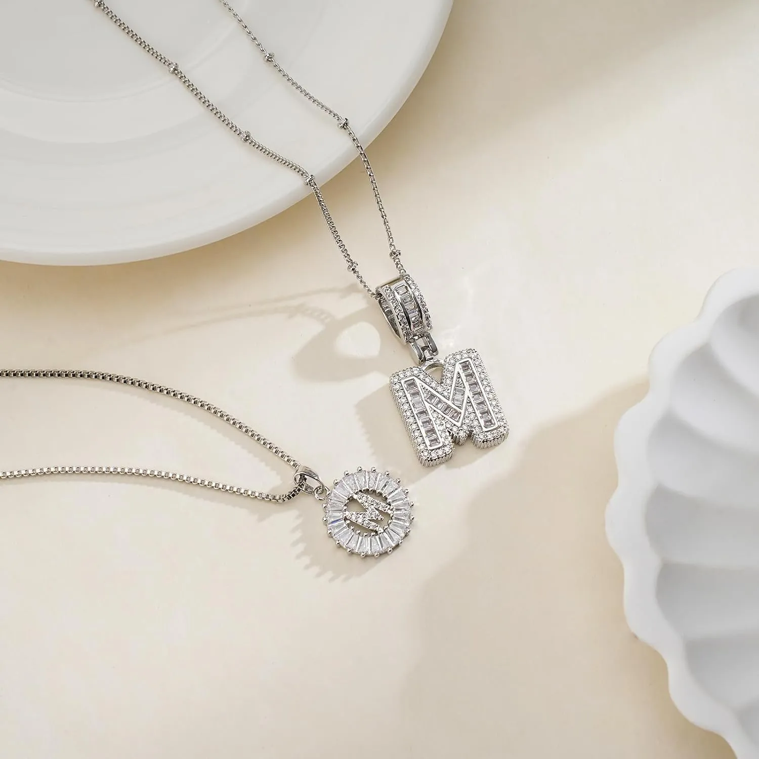 Initial Letter Necklace for Women 14k Silver Plated Dainty Necklaces Trendy Chunky Custom Layered Necklace Set Personalized Round Circle Zirconia A-Z Letter Chain Pendant Jewelry Gift