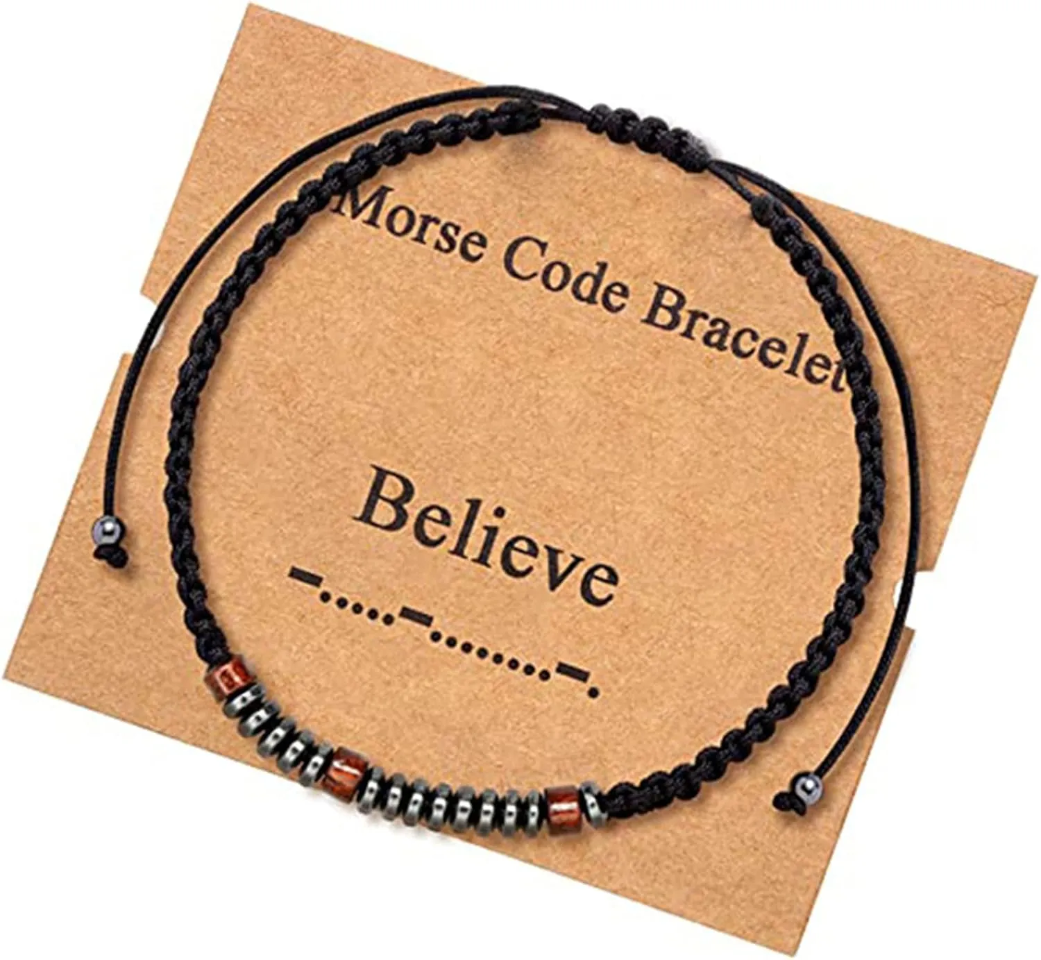 Inspirational Morse Code Hematite Obsidian Bead Bracelet Adjustable Braide Cord Rop Wrap Bracelet for Women Men Mother Friend Handmade Card Friendship Graduation Jewelry Gift
