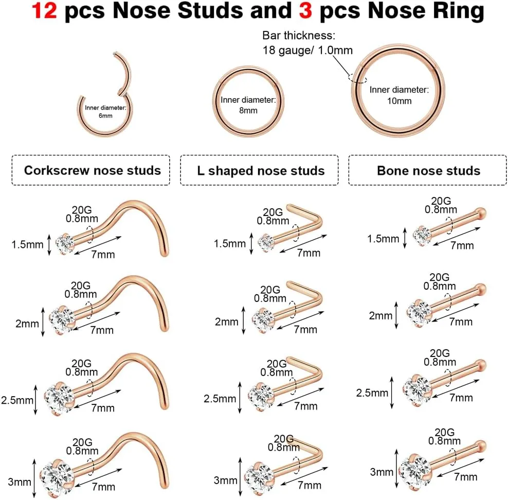 intera Hypoallergenic 20G 18G Nose Rings Stud for Women Men Surgical Steel Nose Piercing Jewelry Gold Silver Rose Gold Nose Earrings