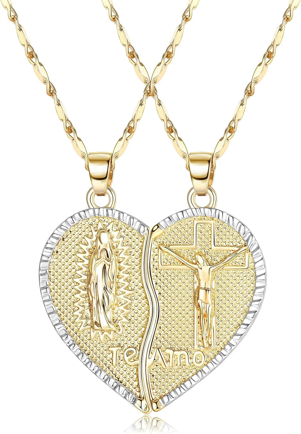 IRONBOX 18K Gold Plated Couples Necklace Virgin Mary Necklace Jesus Necklace Heart Necklace Plated Gold Necklace Couple Jewelry for Him and Her
