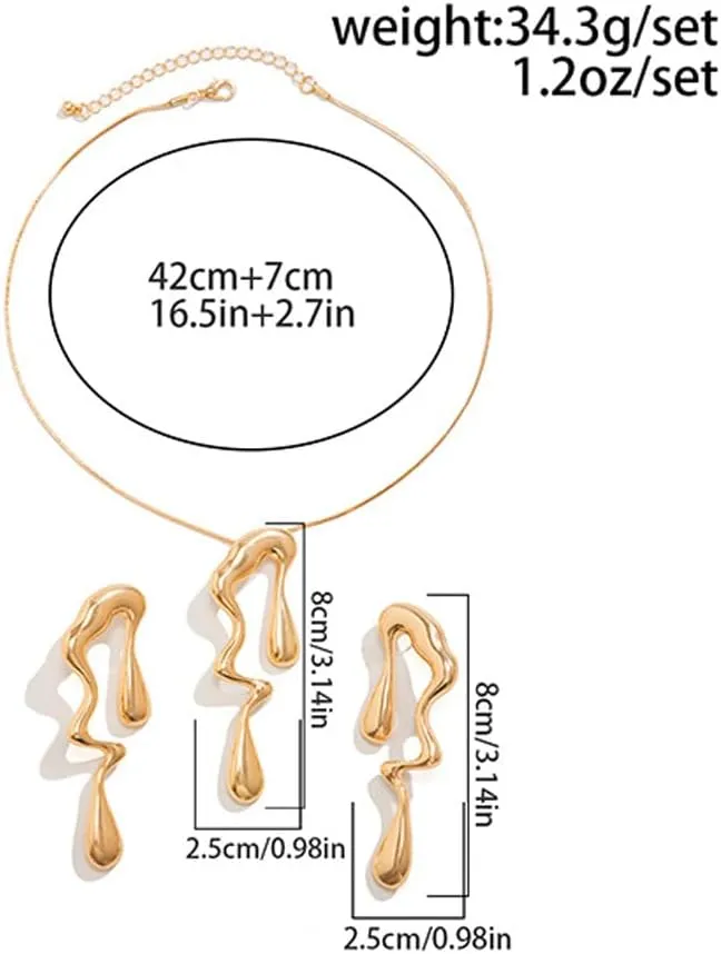 Irregular Gold Statement Earring Necklace Set for Women Chunky Teardrop Dangle Earrings Liquid Metal Thick Geometric Necklaces Dainty Jewelry Gifts