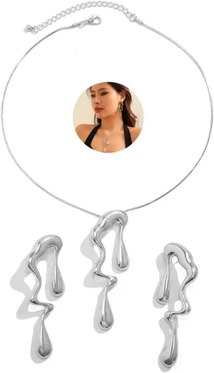 Irregular Gold Statement Earring Necklace Set for Women Chunky Teardrop Dangle Earrings Liquid Metal Thick Geometric Necklaces Dainty Jewelry Gifts