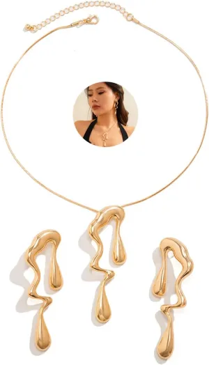 Irregular Gold Statement Earring Necklace Set for Women Chunky Teardrop Dangle Earrings Liquid Metal Thick Geometric Necklaces Dainty Jewelry Gifts