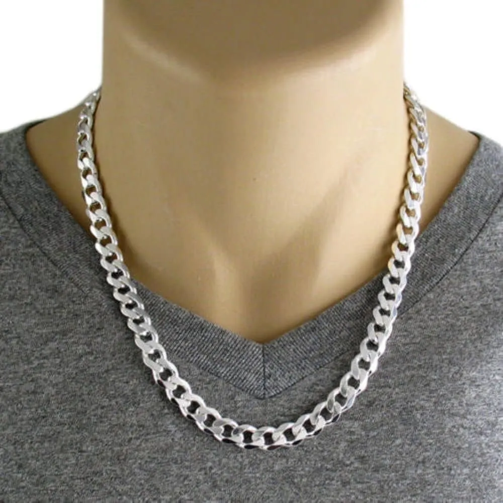 Italian 925 Sterling Silver Heavyweight Curb Cuban Necklace For Men, Thick Heavy Necklaces In Solid Sterling Silver, Mens Link Chain and Bracelet 6.75MM -9MM