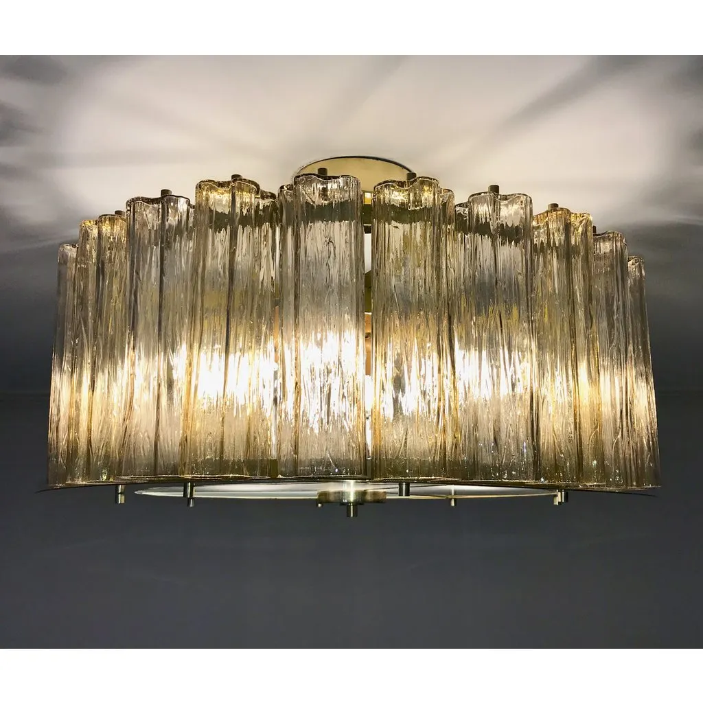 Italian Art Deco Style Crystal & Smoked Murano Glass Round Flush Mount on Brass