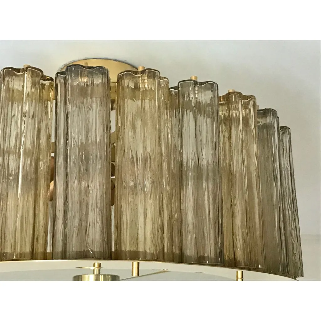 Italian Art Deco Style Crystal & Smoked Murano Glass Round Flush Mount on Brass