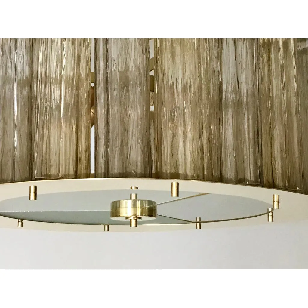 Italian Art Deco Style Crystal & Smoked Murano Glass Round Flush Mount on Brass