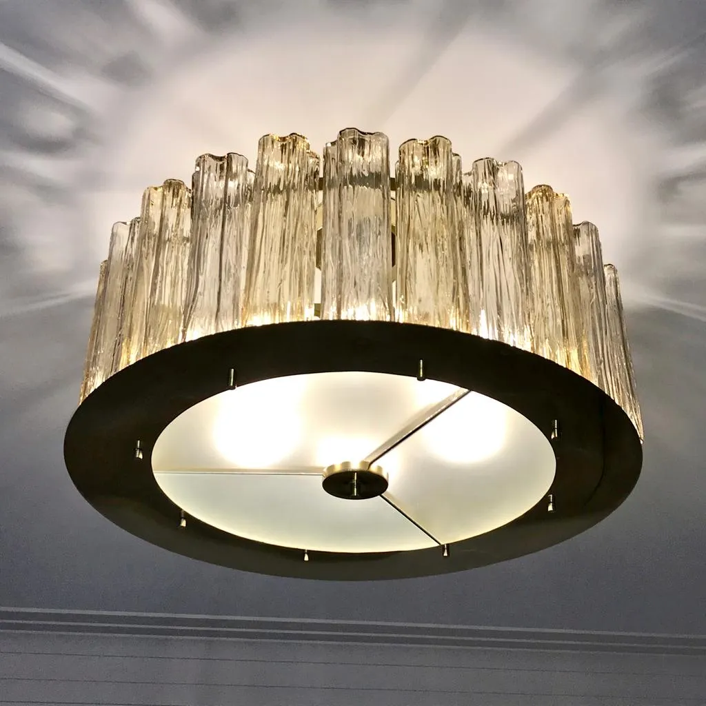 Italian Art Deco Style Crystal & Smoked Murano Glass Round Flush Mount on Brass