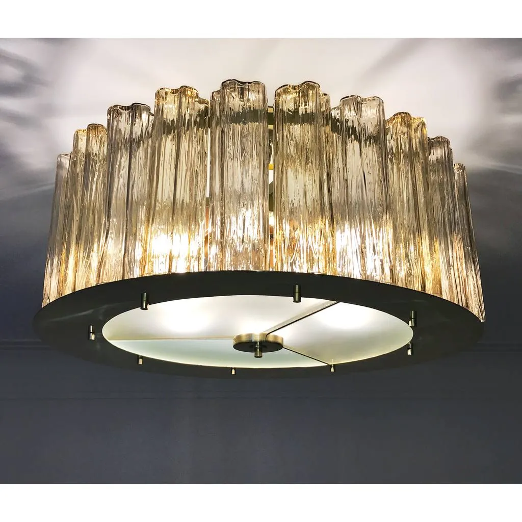 Italian Art Deco Style Crystal & Smoked Murano Glass Round Flush Mount on Brass