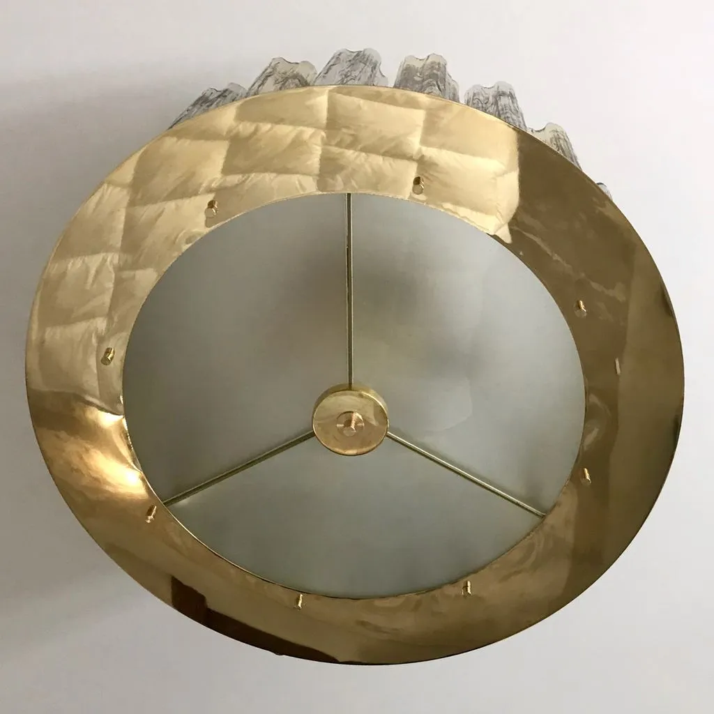 Italian Art Deco Style Crystal & Smoked Murano Glass Round Flush Mount on Brass