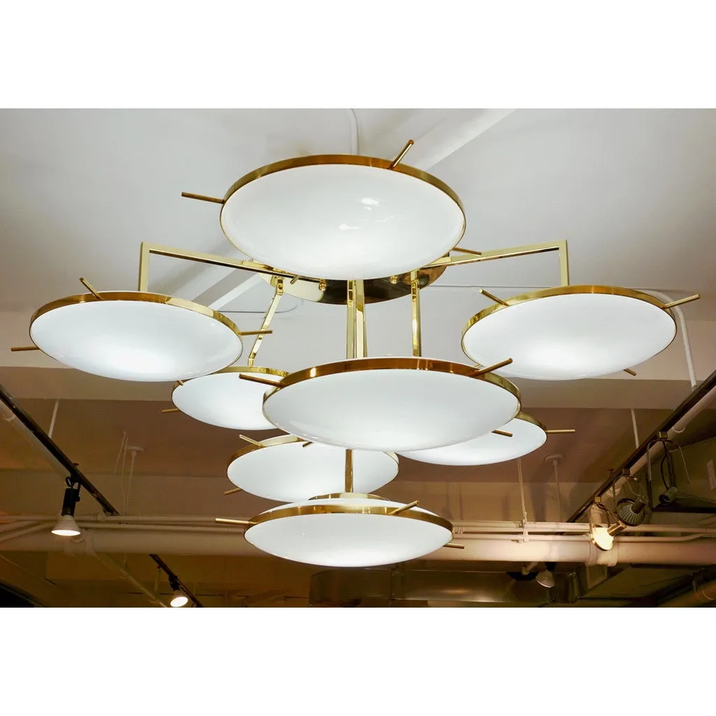 Italian Contemporary Multi Level Brass and White Murano Glass Disk Chandelier