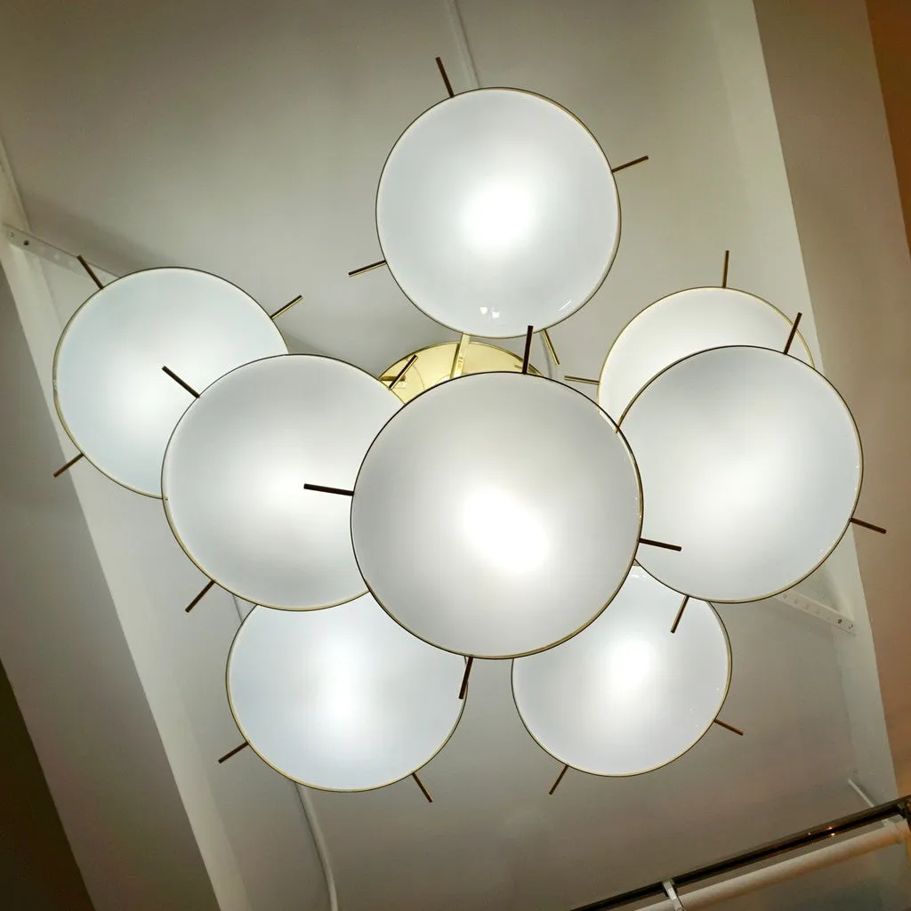 Italian Contemporary Multi Level Brass and White Murano Glass Disk Chandelier