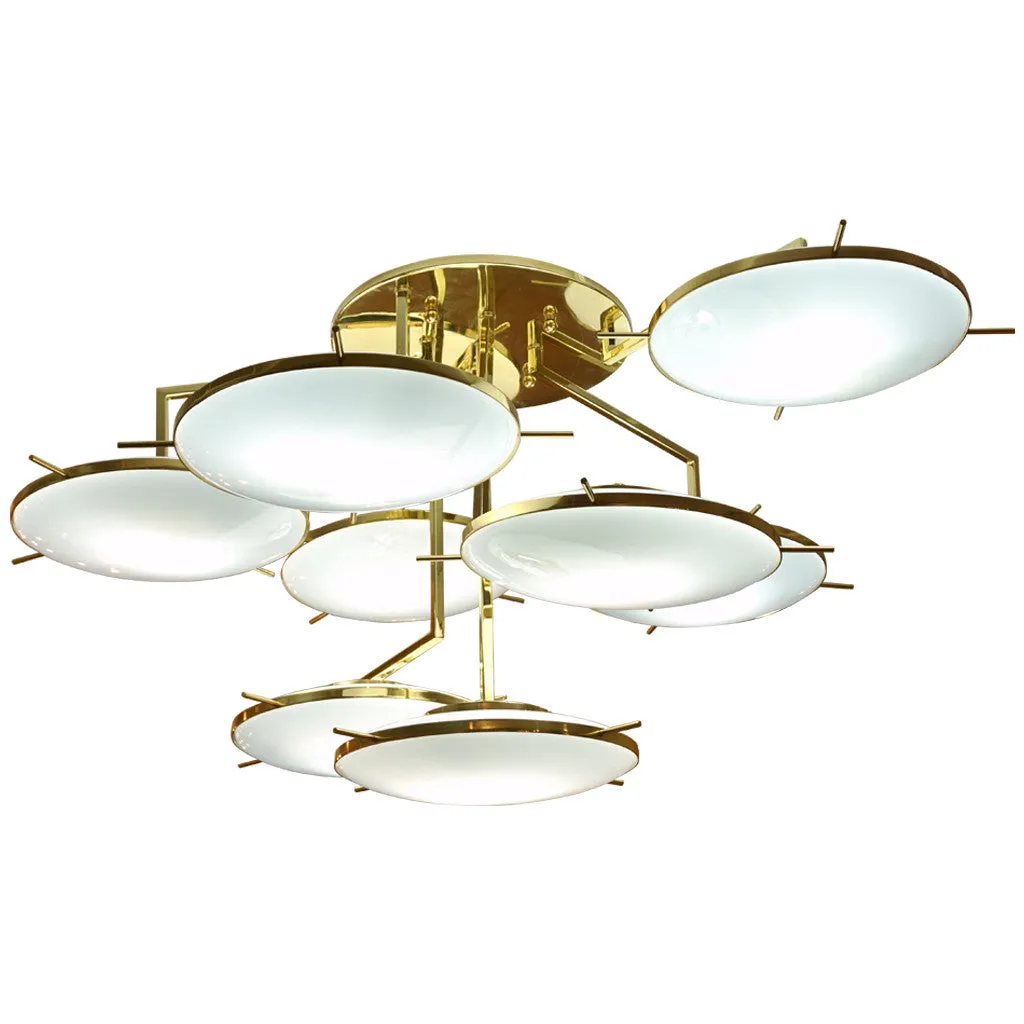 Italian Contemporary Multi Level Brass and White Murano Glass Disk Chandelier