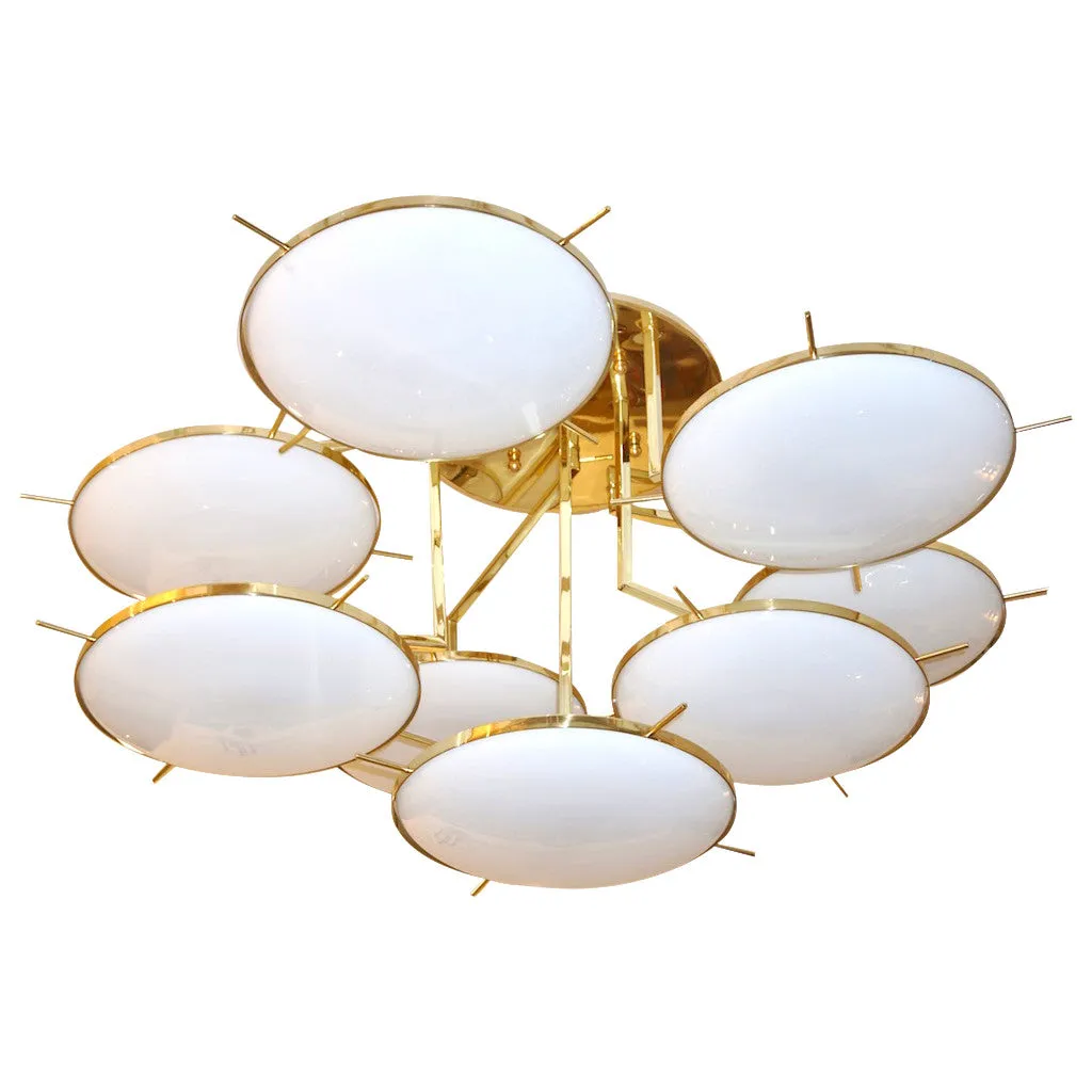 Italian Contemporary Multi Level Brass and White Murano Glass Disk Chandelier