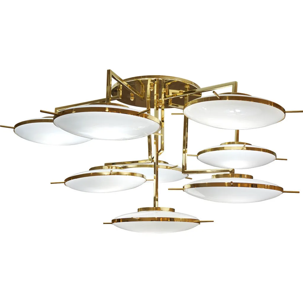 Italian Contemporary Multi Level Brass and White Murano Glass Disk Chandelier