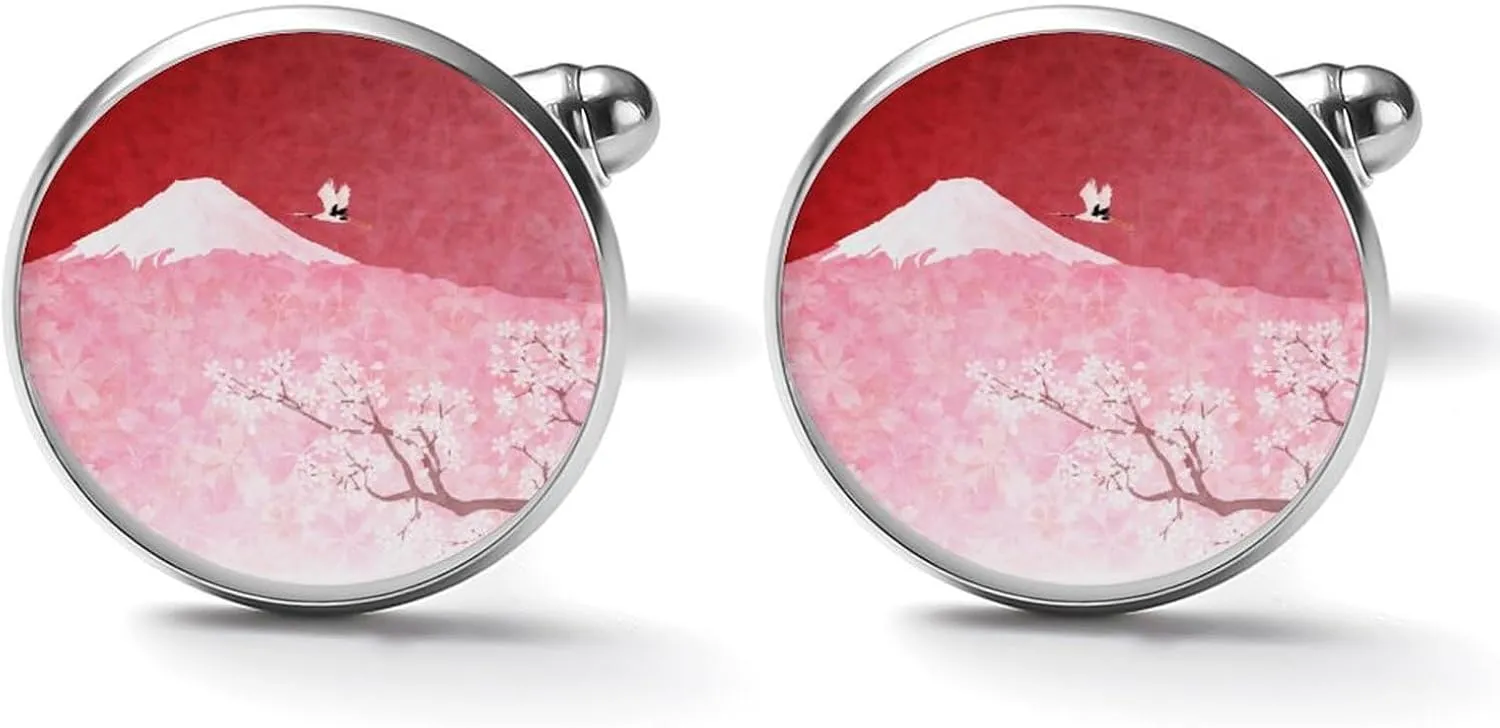 Japanese Cherry Mount Fuji Cufflinks Funny Cuff Links Cute Shirt Studs Accessories Jewelry Gift for Men