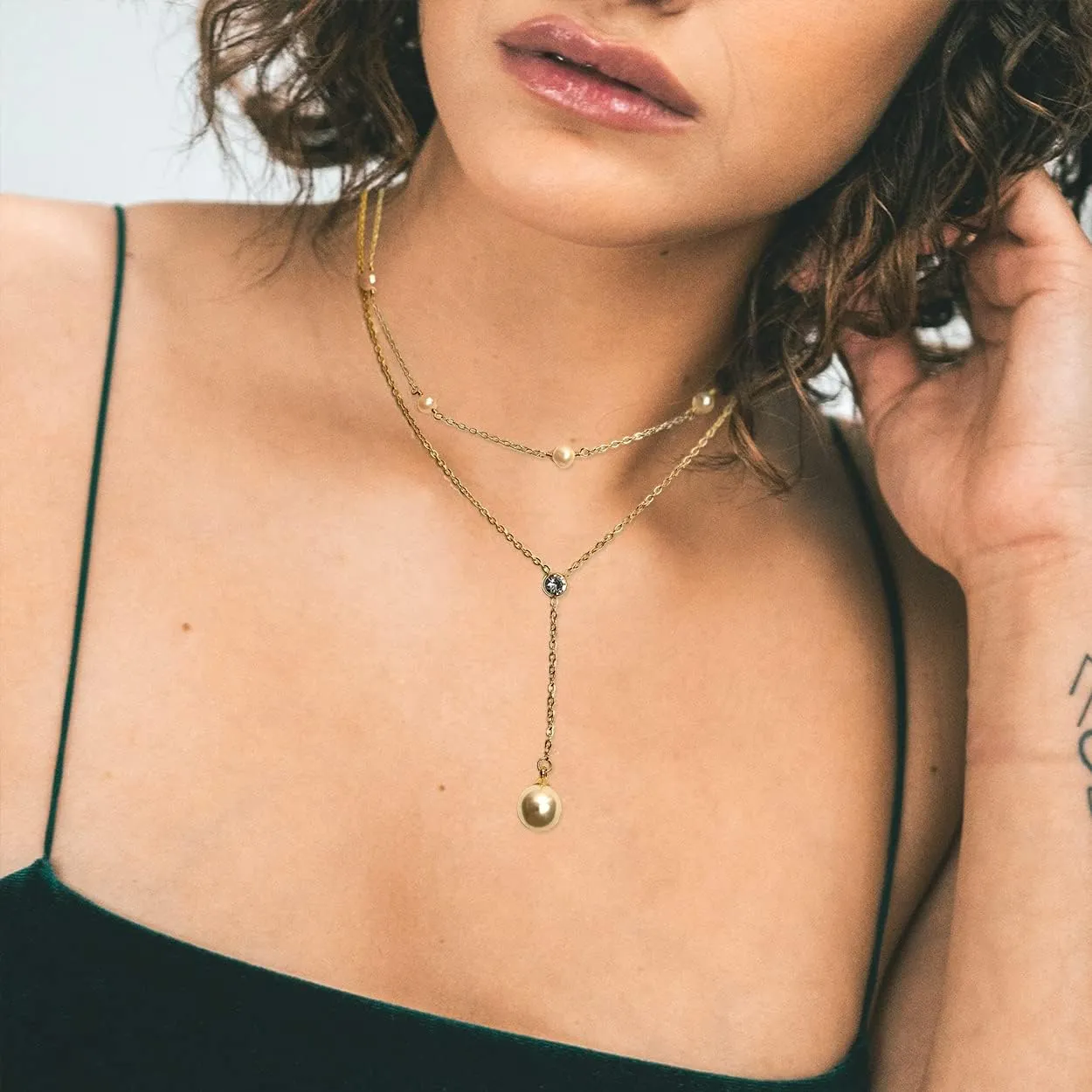 Jean Beau Gold Pearl Rhinestone Layered Necklaces for Women Dainty Long Drop Rhinestone Zirconia Faux Diamond Y Necklace Everyday Jewelry Gifts