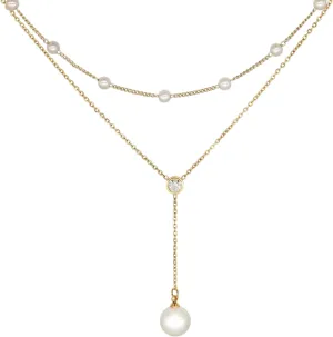 Jean Beau Gold Pearl Rhinestone Layered Necklaces for Women Dainty Long Drop Rhinestone Zirconia Faux Diamond Y Necklace Everyday Jewelry Gifts
