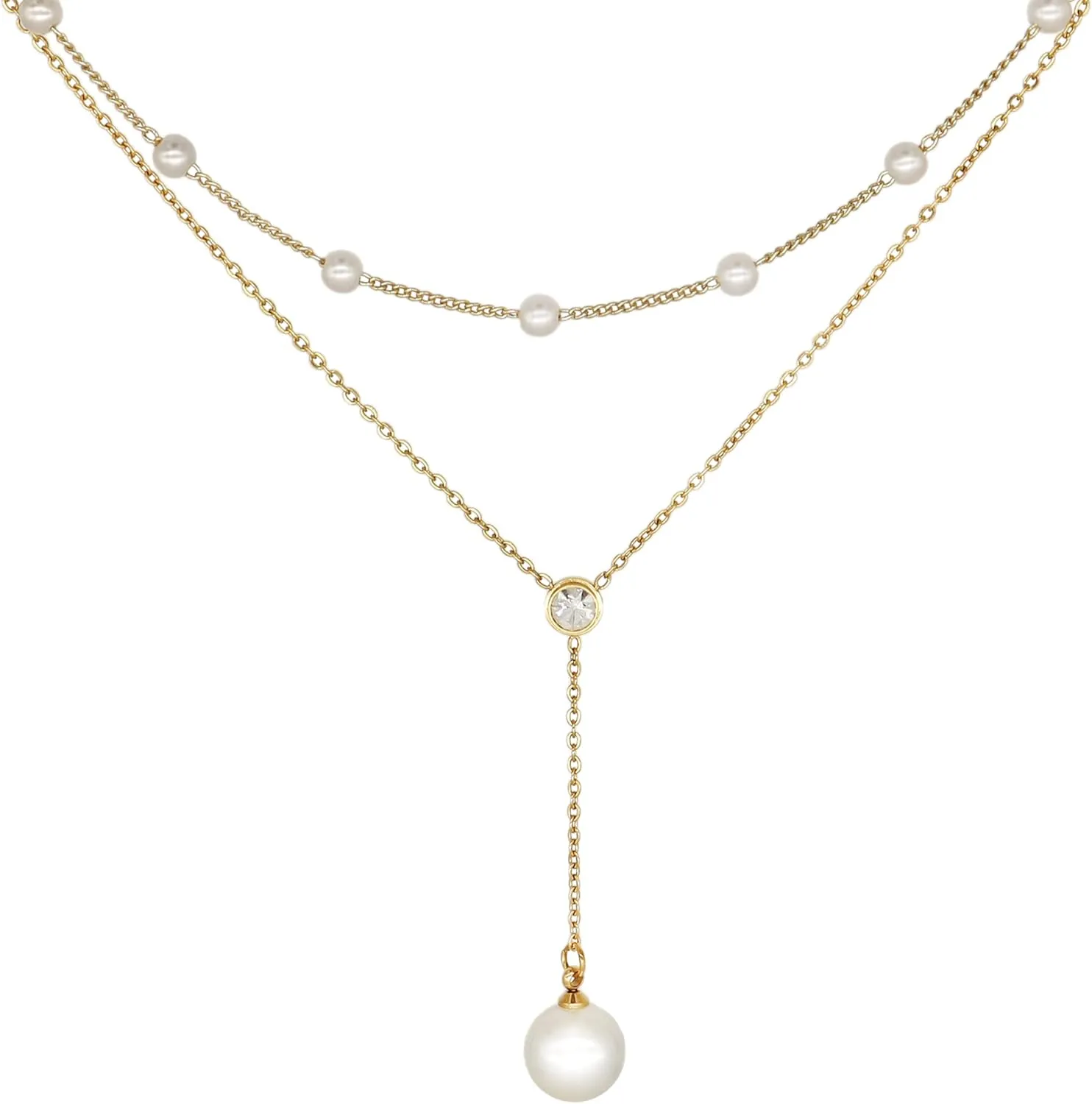 Jean Beau Gold Pearl Rhinestone Layered Necklaces for Women Dainty Long Drop Rhinestone Zirconia Faux Diamond Y Necklace Everyday Jewelry Gifts