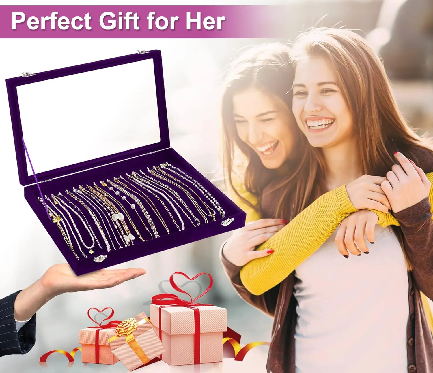 Jenseits Necklace Holder Jewelry Organizer Box, Dustproof Velvet Necklace Tray Jewelry Display With Clear Lid, Preppy Jewelry Holder, Long Necklaces Pendants Organizer, Gifts For Women Girls - Purple