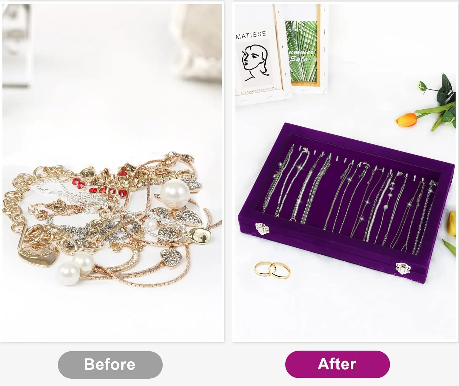 Jenseits Necklace Holder Jewelry Organizer Box, Dustproof Velvet Necklace Tray Jewelry Display With Clear Lid, Preppy Jewelry Holder, Long Necklaces Pendants Organizer, Gifts For Women Girls - Purple
