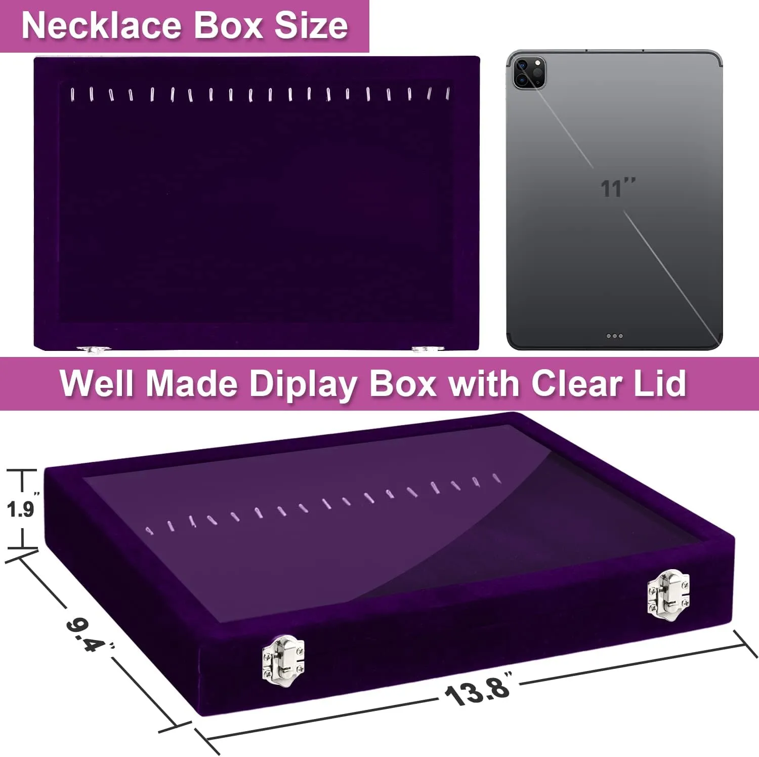 Jenseits Necklace Holder Jewelry Organizer Box, Dustproof Velvet Necklace Tray Jewelry Display With Clear Lid, Preppy Jewelry Holder, Long Necklaces Pendants Organizer, Gifts For Women Girls - Purple