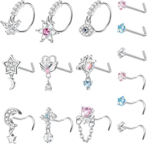 JeryWe 15Pcs 20G Nose Rings Studs-316L Surgical Steel Nose Studs Hoop Nose Ring for Women Men Nose Rings Stud Hypoallergenic Nose/Body Piercing Jewelry Silver/Gold