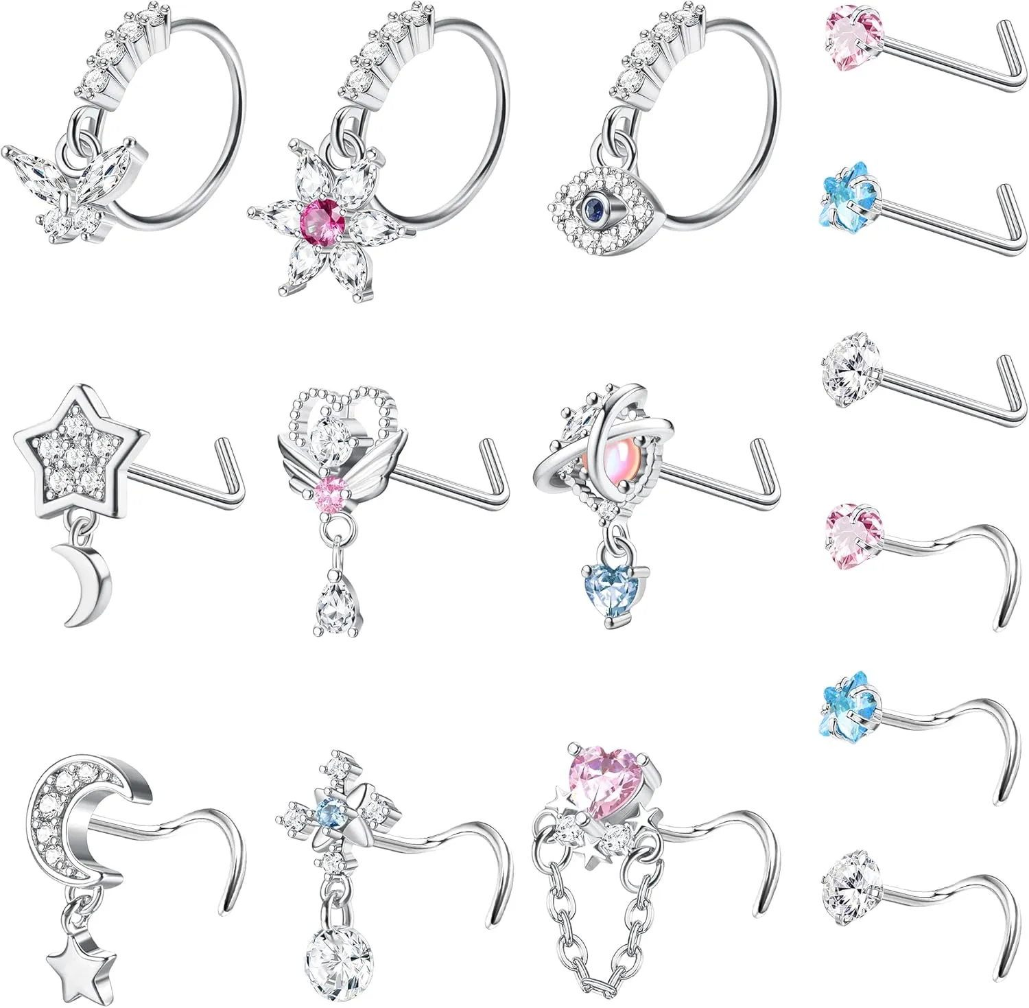 JeryWe 15Pcs 20G Nose Rings Studs-316L Surgical Steel Nose Studs Hoop Nose Ring for Women Men Nose Rings Stud Hypoallergenic Nose/Body Piercing Jewelry Silver/Gold