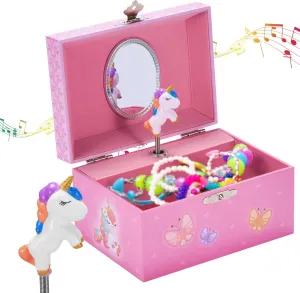 Jewelkeeper Unicorn and Butterfly Themed Jewellery Box Pink for Girls - Wooden Jewelry Box with Velvet Lining for Little Girl's Necklaces and Accessories - Spinning Unicorn Doll, Toys for Girls