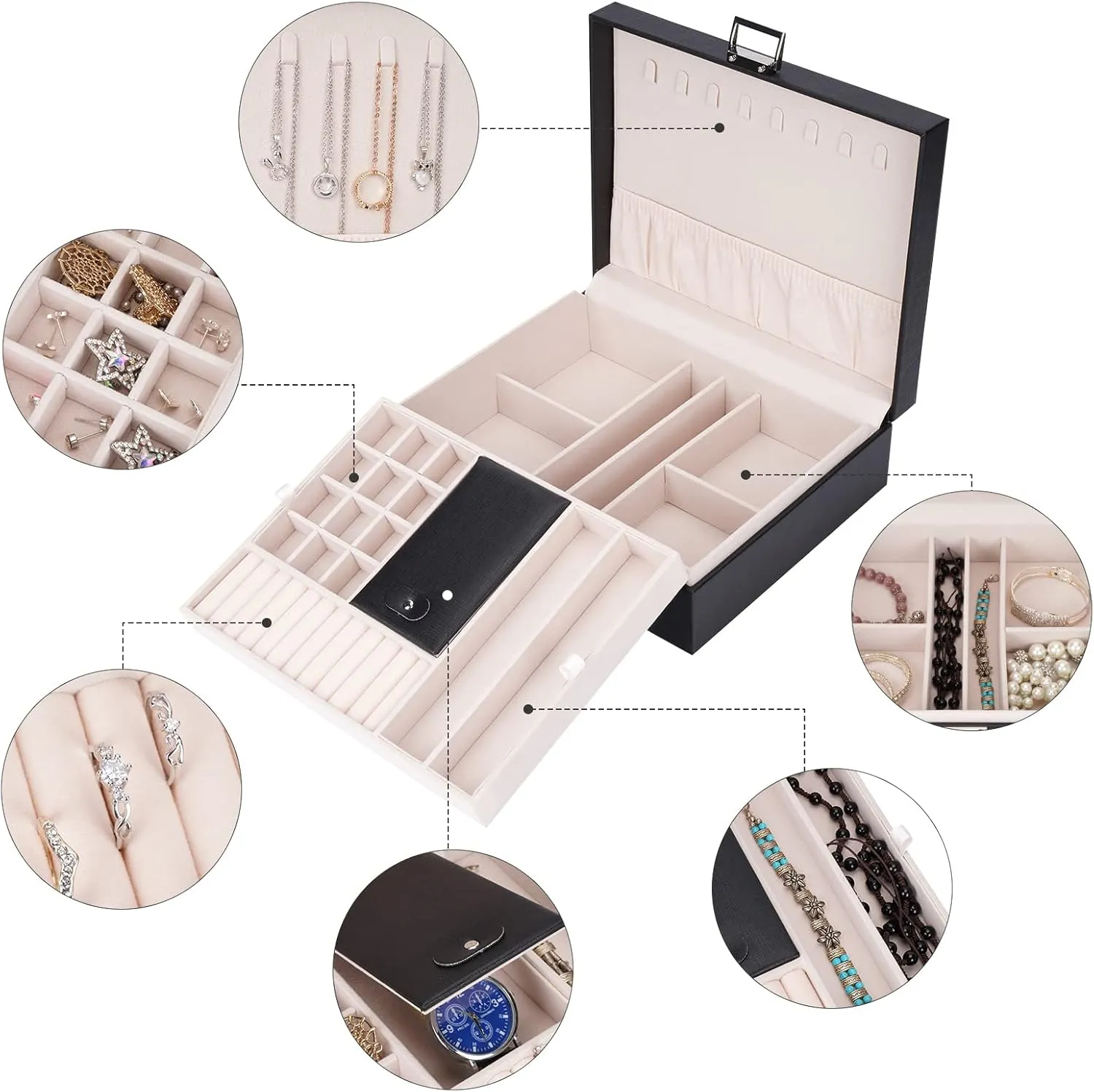 Jewelry Box Organizer, Travel Jewelry Storage Boxes Necklace Holders Display Tray Storage Case(BLACK) 