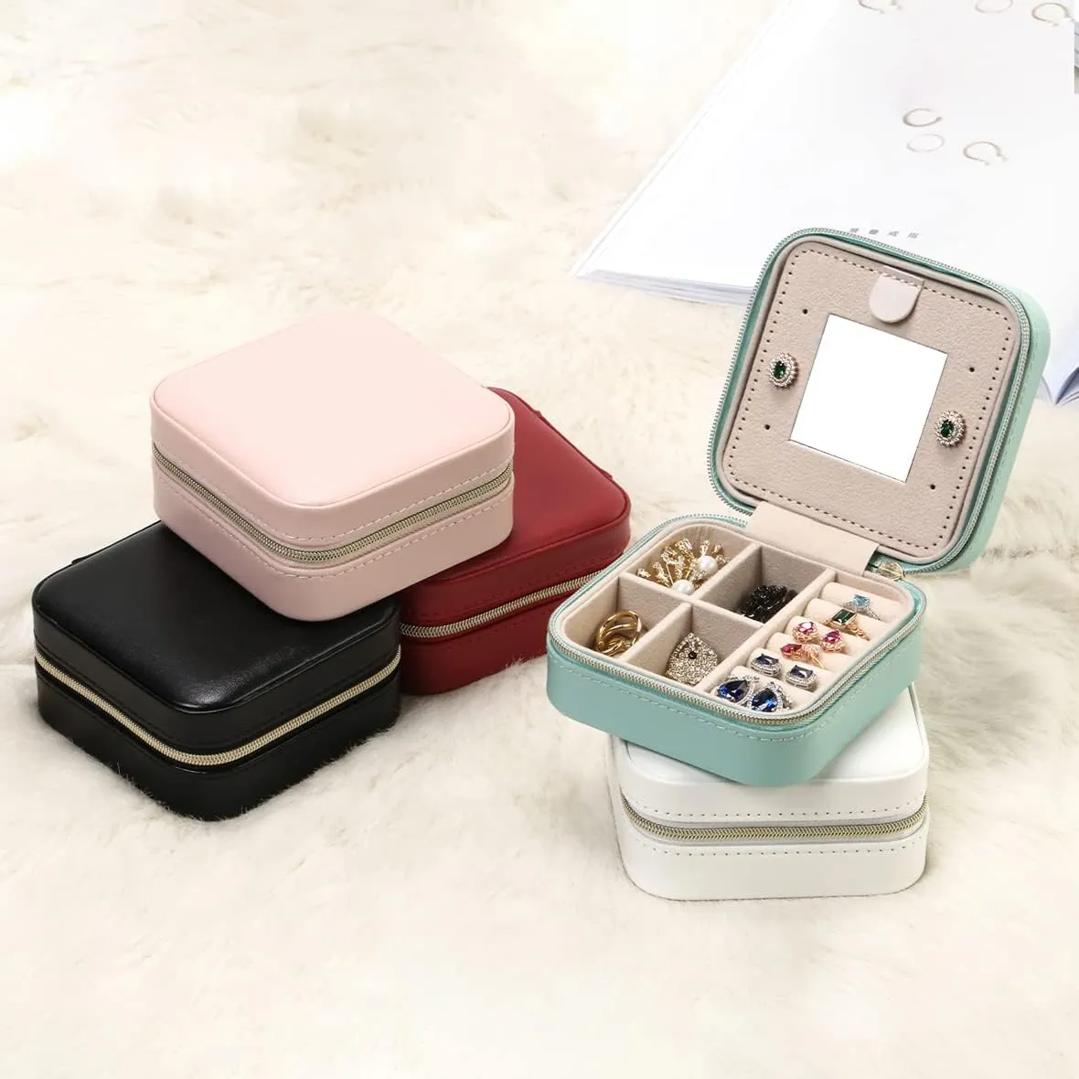 Jewelry Case with Mirror, Small Travel Jewelry Organizer, Portable Mini Storage Box for Rings, Earrings, Necklaces, Gift for Mother Mom, Girl, Daughter, Sisters, Bridesmaids, Mother's Day Gift (Pink)
