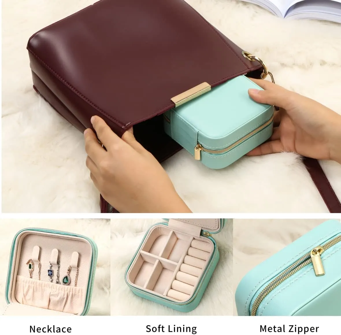 Jewelry Case with Mirror, Small Travel Jewelry Organizer, Portable Mini Storage Box for Rings, Earrings, Necklaces, Gift for Mother Mom, Girl, Daughter, Sisters, Bridesmaids, Mother's Day Gift (Pink)