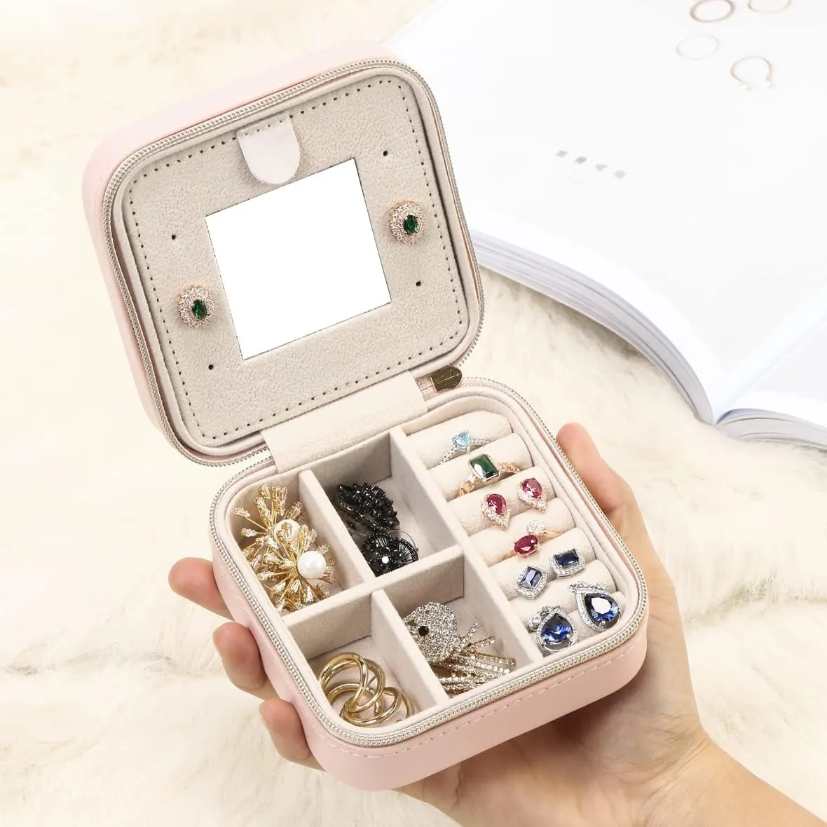 Jewelry Case with Mirror, Small Travel Jewelry Organizer, Portable Mini Storage Box for Rings, Earrings, Necklaces, Gift for Mother Mom, Girl, Daughter, Sisters, Bridesmaids, Mother's Day Gift (Pink)