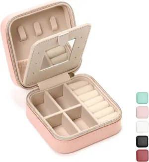 Jewelry Case with Mirror, Small Travel Jewelry Organizer, Portable Mini Storage Box for Rings, Earrings, Necklaces, Gift for Mother Mom, Girl, Daughter, Sisters, Bridesmaids, Mother's Day Gift (Pink)