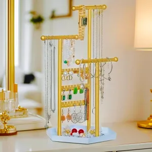 Jewelry Necklace Holder Organizer Metal Stand, Jewelry Tree Display Decor Hanging Earring Bracelet and Rings Tall Jewelry Hanger storage Cute Gifts for Women Gold White